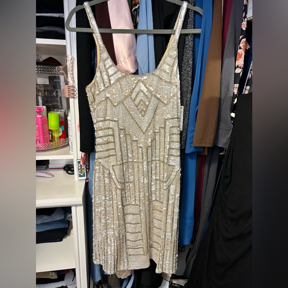 Adrianna Pepel Gold sequin mini gold dress for birthday dinner new year eve 2025
